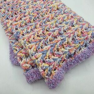 Handmade Crochet Baby Blanket Pastel Variegated Shell Stitch Purple Border 42x33